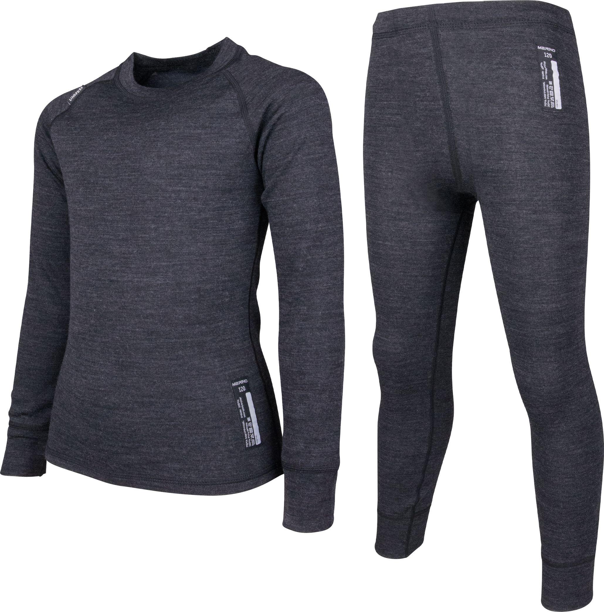 Svartmelert Lindberg Merino ullsett for barn med genser og longs