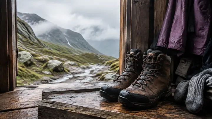 Våte fjellsko på en hytteterskel mot en steinete fjellsti i lavt skydekke