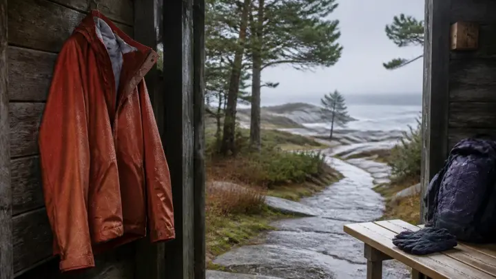 Rustfarget regnjakke ved en åpen hytteinngang mot en våt kyststi