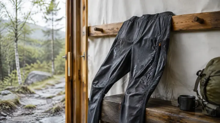 Våt teknisk turbukse til tørk på en trelist ved en åpen hyttedør mot skogen