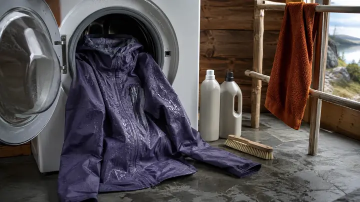 Våt skalljakke ved en vaskemaskin med pleiemidler og tørkestativ i en hytte