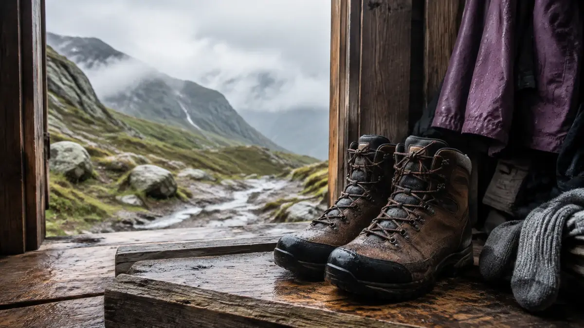 Våte fjellsko på en hytteterskel mot en steinete fjellsti i lavt skydekke