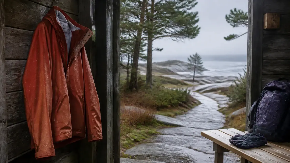 Rustfarget regnjakke ved en åpen hytteinngang mot en våt kyststi