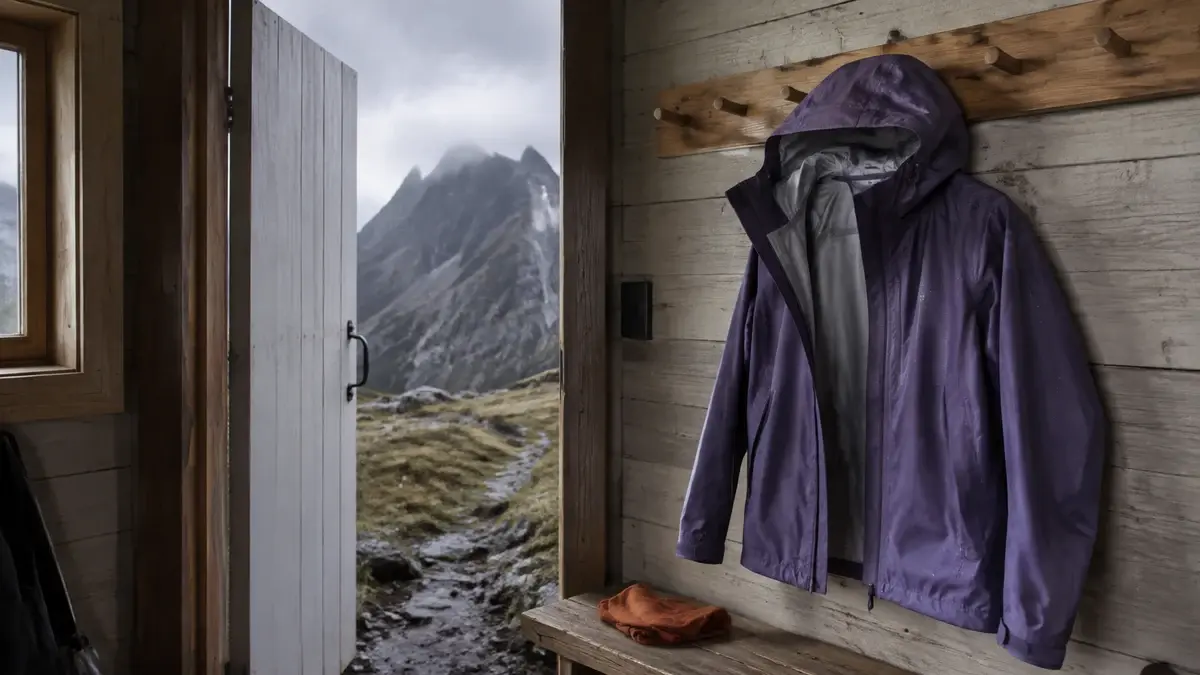 Våt lilla skalljakke på en treknagg ved en åpen hyttedør mot en grå fjellrygg