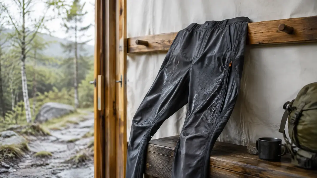 Våt teknisk turbukse til tørk på en trelist ved en åpen hyttedør mot skogen