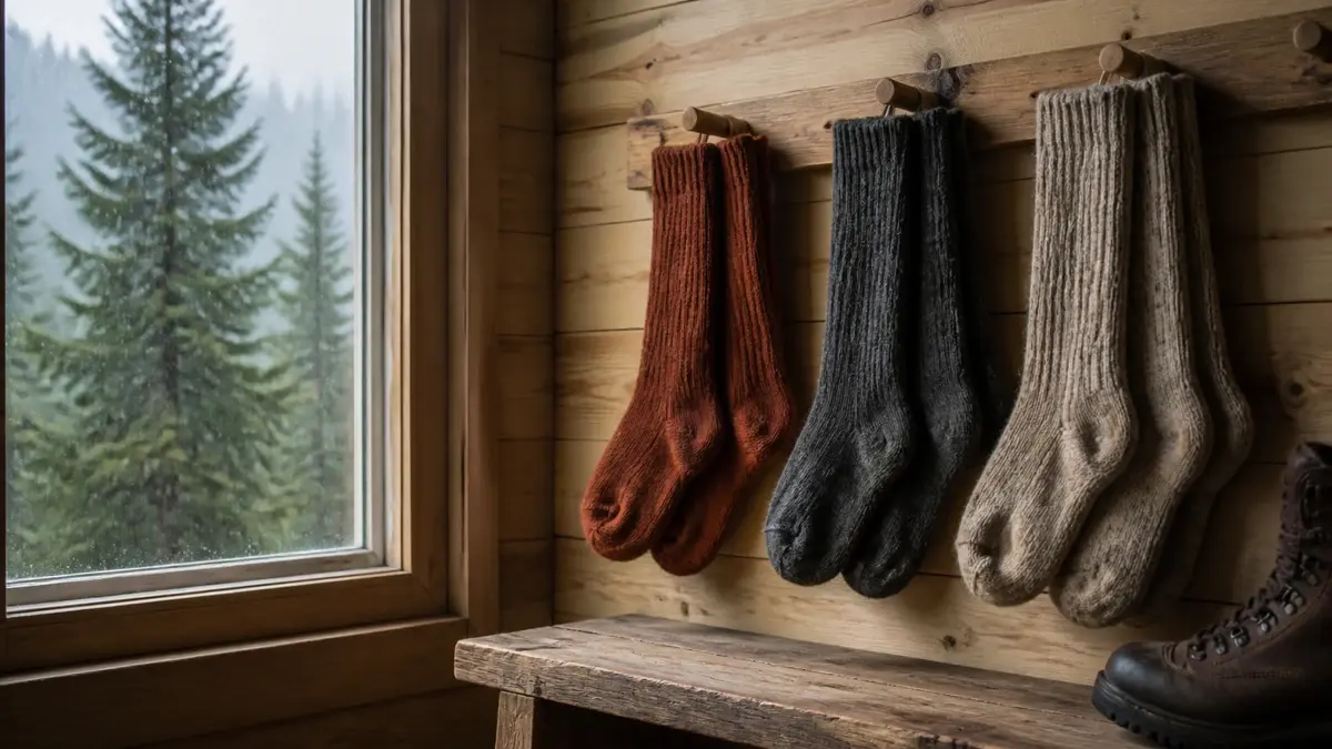 Tre par ullsokker på treknagger ved et vindu mot en regnvåt granskog